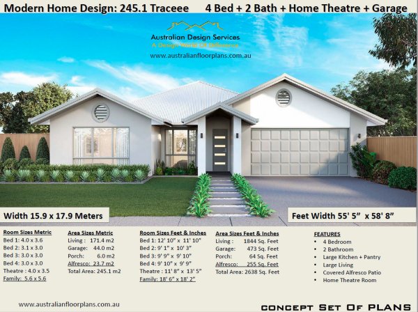 slopin4 Bedroom Modern Home Plan:245.1Traceeeg land house plans